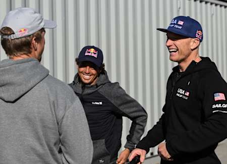 Jimmy Spithill (r), Jamie O'Brien (l) and Kai Lenny (c) on March 21 ahead of the Mubadala United States Sail Grand Prix in San Francisco, USA. 