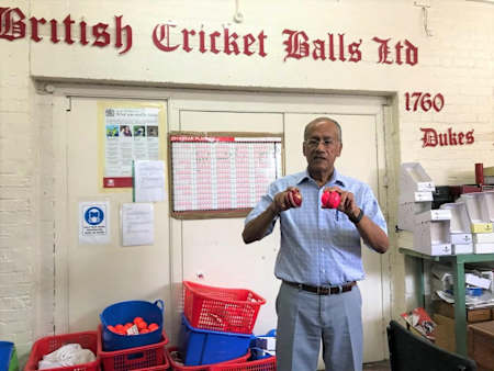 Dilip Jajodia demonstrates the Dukes cricket ball.