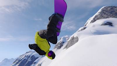 Screenshot aus dem Spiel Shredders zeigt einen Snowboarder, der einen Trick ausführt.