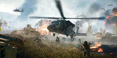 Soldiers disembark a helicopter during a skirmish in Battlefield 6.