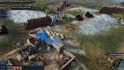 Una captura de pantalla de Age of Empires 4 que muestra a nuestro ejército atacando una base enemiga.