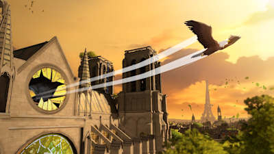 Screenshot aus Eagle Flight VR zeigt einen Adler, Notre-Dame und den Eiffelturm im Hintergrund.