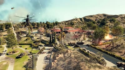 Une vue aérienne d’un quartier inspiré de Los Angeles dans Battlefield 6 REDSEC, avec combats, hélicoptères et véhicules en pleine action.