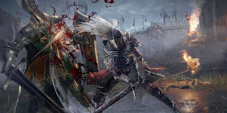 Ein Held schlägt einen Ritter mit einem Schwert nieder