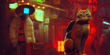 Eine Katze sitzt auf einer Kiste. Im Hintergrund sind bunte Lichter und ein Roboter zu sehen, welcher einen Bildschirm als Gesicht hat