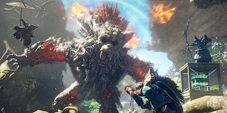 Captura de pantalla de Wild Hearts muestra a tres jugadores en cooperativo luchando contra un simio gigante.