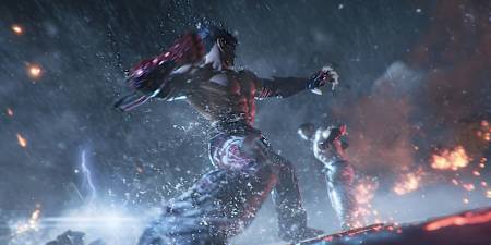 Tekken 8 characters Jin and Kazuya fight during a storm.