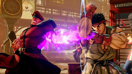M Bison on the defensive with Ryu in Street Fighter V