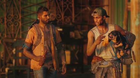 Far Cry 6 muestra a Dani y Philly sosteniendo a Chorizo, el perro salchicha, en sus brazos.