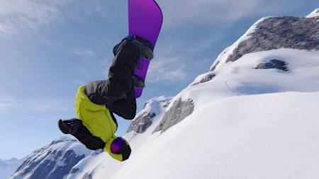 Screenshot aus dem Spiel Shredders zeigt einen Snowboarder, der einen Trick ausführt.