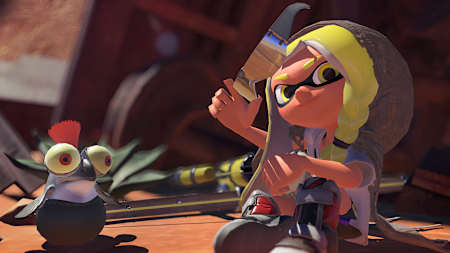 Screenshot aus Splatoon 3 zeigt eine Inkling-Dame mit einer Sonnenbrille in der Hand