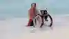 Adaptive surfer Bruno Hansen with his wheelchair at the edge of the seashore.
