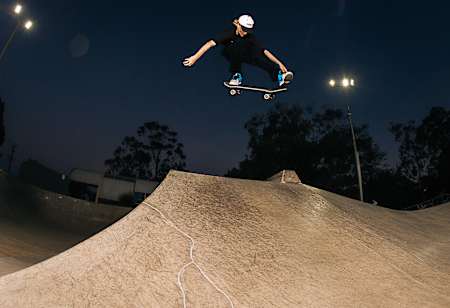 Floating over the floodlit hip on the Margaret River skatepark which should be on any skater's agenda who comes to visit Australia's west coast
