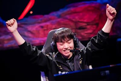 Ryu "Keria" Min-seok of T1 reacts after victory at League of Legends World Championship 2023 Finals at Gocheok Sky Dome on November 19, 2023 in Seoul, South Korea.