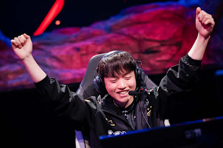 Ryu "Keria" Min-seok of T1 reacts after victory at League of Legends World Championship 2023 Finals at Gocheok Sky Dome on November 19, 2023 in Seoul, South Korea.