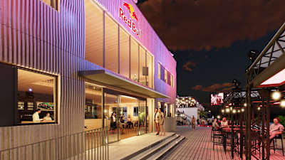 A night-time shot of the Red Bull Energy Station Las Vegas.