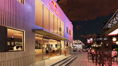 A night-time shot of the Red Bull Energy Station Las Vegas.