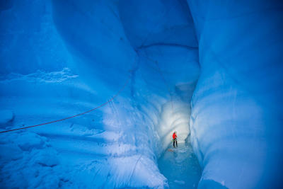 Climber Will Gadd at the bottom of a ice cap during his trip to explore the Greenland ice cap in August 2018.