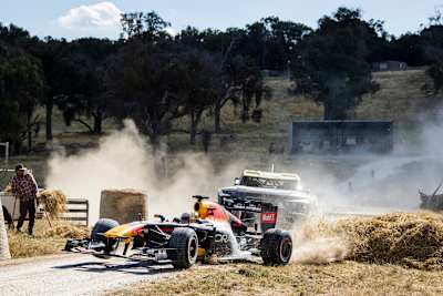 The Oracle Red Bull Racing RB7 is seen racing with Toby Price at an undisclosed location on a private property in the Australian Outback on January 27, 2023.