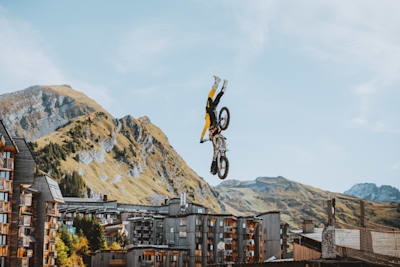 FMX rider Tom Pagès pictured performing trick in Avoriaz, France.