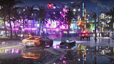 GTA 6'dan alınan bir ekran görüntüsü, gece vakti Vice City'yi gösteriyor.
