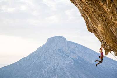 Sasha DiGiulian tackles an overhang in Kalymnos, Greece.