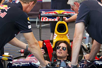 Tom Cruise is tutored by former F1 race driver David Coulthard as he prepares to drive the Red Bull F1 Race Car at Willow Springs Raceway, Rosamond, CA, USA, on 15 August 2011.