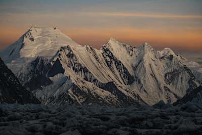 The Karakoram mountain range, the home of K2, is seen at sunset on July 15, 2018