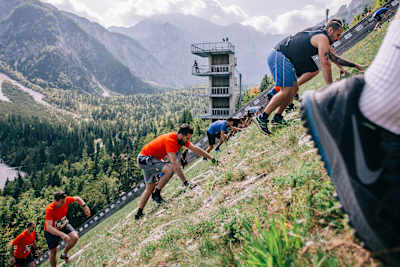 Participants perform during the Red Bull 400 event at the Planica Ski Flying Hill in Ratece, Slovenia on September 14, 2019.