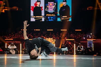 B-boy Amir of Kazakhstan competes against Phil Wizard of Canada in final of the Red Bull BC One World Final in the ERGO Arena in Gdansk, Poland on November 6, 2021