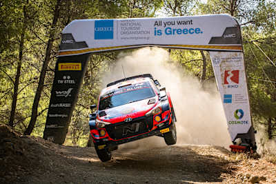 Thierry Neuville of team Hyundai Shell Mobis performs during FIA World Rally Championship in Lamia, Greece on 10 September 2021.