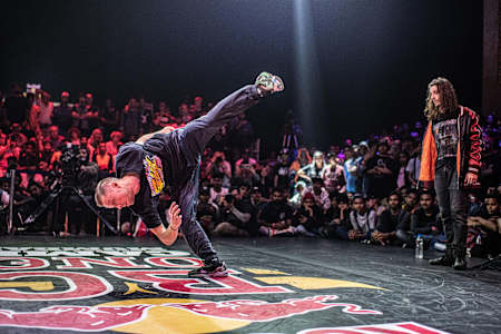 An action shot of B-Boy Killa Kolya doing a kick in Mumbai.