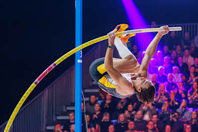 Armand Duplantis jumping at Mondo Classics, Uppsala, Sweden on February 2, 2023