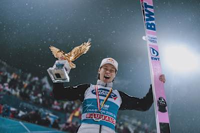 Ryoyu Kobayashi of Japan poses for a portrait during the winner ceremony for the Four Hills Tournament in Bischofshofen, Austria on January 6, 2024. 