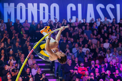 Armand Duplantis performing at Mondo Classic, Uppsala Sweden on February 6, 2024.