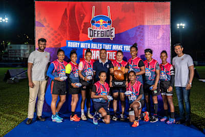 Champions of the Red Bull Off-Side Women’s event pose with their trophy at CR&FC grounds in Colombo, Sri Lanka, on September 2, 2023.
