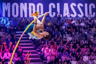Armand Mondo Duplantis wows the crowd with a pole vault during the Mondo Classic 2025 in Uppsala, Sweden.
