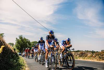 Red Bull – BORA – hansgrohe cyclists are seen in action during the first Rest Day of the 113th Tour de France. 