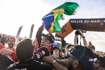 Lucas Moraes celebrates his victory at the Rallye du Maroc, stop 5 of the World Rally-Raid Championship, in Erfoud, Morocco.