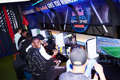 On September 19, 2025, Lil Jr enjoys a triumphant EA Sports FC26 win during a gaming event at Red Bull Gaming Sphere London.