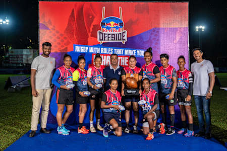 Champions of the Red Bull Off-Side Women’s event pose with their trophy at CR&FC grounds in Colombo, Sri Lanka, on September 2, 2023.
