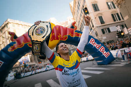 Juanfer Velez celebrates during the Red Bull Cerro Abajo in Genova, Italy on October 20, 2024.