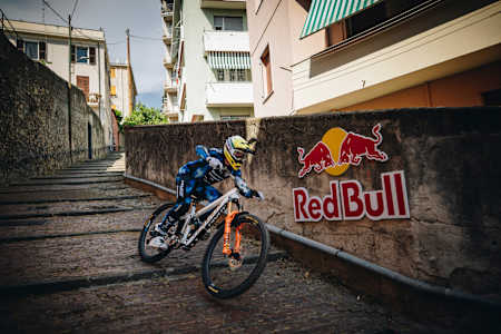 Roger Veira takes on a steep urban descent during Red Bull Genova Cerro Abajo in Genoa, Italy. 