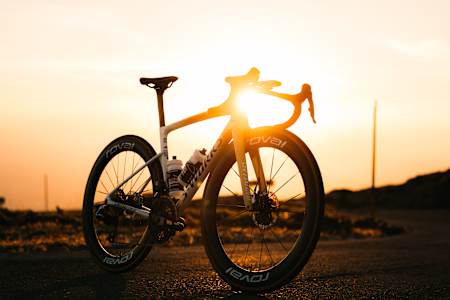 Remco Evenepoel's Specialized SL9 shines in the sunset during a Red Bull - BORA - hansgrohe photoshoot in Sierra Nevada, Spain, on May 25, 2026.
