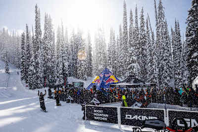 Zoi Sadowski-Synott slides into the finish area at Natural Selection Snow finals day in Revelstoke, Canada in March 2026.
