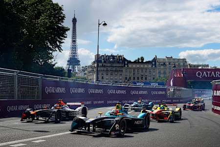 Nelson Piquet (BRA), leads Jerome D'Ambrosio (BEL) and Lucas Di Grassi (BRA), during the FIA Formula E Championship Paris ePrix on May 20, 2017 in Paris, France.