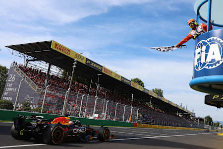 Max Verstappen takes the chequered flag during the F1 Grand Prix of Italy at Autodromo Nazionale Monza on September 7, 2025 in Monza, Italy.