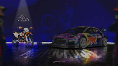Vehicle selection screen in The Crew Motorfest Season 6 showing a Red Bull-branded KTM offroad motorbike and a Red Bull-branded Ford Puma hybrid WRC car.