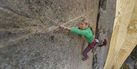 Renowned free climber Lynn Hill on the El Capitan climb in Yosemite National Park, California, USA.