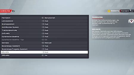 Screenshot aus F1 22 zeigt die Fahrhilfen im Überblick